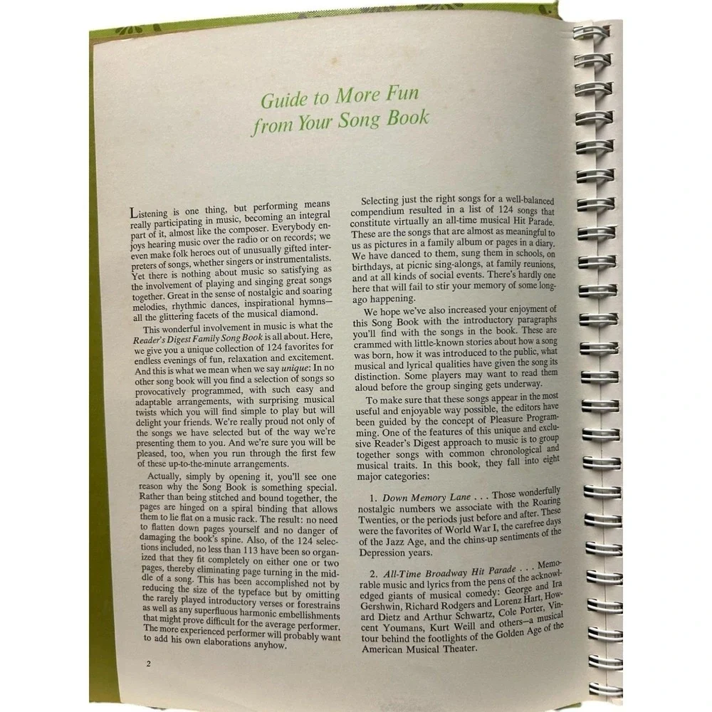 VINTAGE Readers Digest 1969 Family Songbook Hardcover Spiral Bound Green